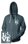 Charcoal hooded zip-up. Our trademarked International Symbol of Acceptance ("wheelchair heart symbol") is featured proudly on your item