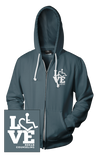 Asphalt hooded zip-up. Our trademarked International Symbol of Acceptance ("wheelchair heart symbol") is featured proudly on your item