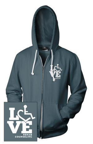 Asphalt hooded zip-up. Our trademarked International Symbol of Acceptance ("wheelchair heart symbol") is featured proudly on your item