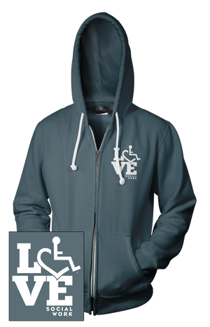 Asphalt hooded zip-up. Our trademarked International Symbol of Acceptance ("wheelchair heart symbol") is featured proudly on your item