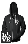 Black hooded zip-up. Our trademarked International Symbol of Acceptance ("wheelchair heart symbol") is featured proudly on your item