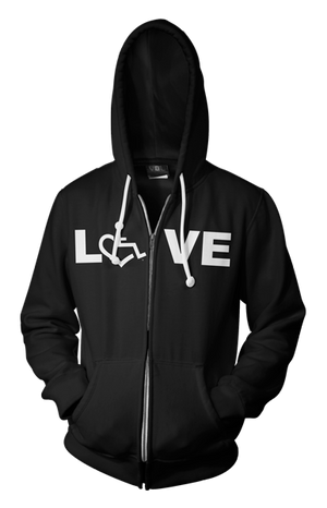 Black LOVE Hooded Zip-Up. Tell everyone that you embrace and love life. Spread the conversation of social acceptance of disability with this hooded zip-up. Our trademarked International Symbol of Acceptance ("wheelchair heart symbol") replaces the O in the word LOVE boldly displayed on your chest.