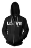 Black LOVE Hooded Zip-Up. Tell everyone that you embrace and love life. Spread the conversation of social acceptance of disability with this hooded zip-up. Our trademarked International Symbol of Acceptance ("wheelchair heart symbol") replaces the O in the word LOVE boldly displayed on your chest.