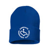 Royal blue knit beanie hat w/ cuff featuring our Circle of 3E Love embroidered with white threads!