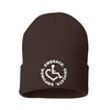 Brown knit beanie hat w/ cuff featuring our Circle of 3E Love embroidered with white threads!