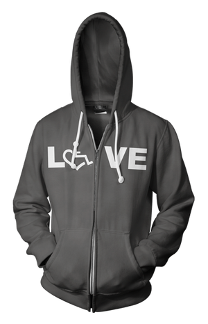 Asphalt LOVE Hooded Zip-Up. Tell everyone that you embrace and love life. Spread the conversation of social acceptance of disability with this hooded zip-up. Our trademarked International Symbol of Acceptance ("wheelchair heart symbol") replaces the O in the word LOVE boldly displayed on your chest.