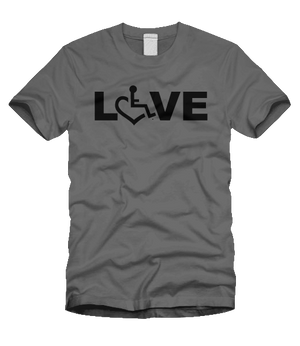 Charcoal LOVE Tee. Tell everyone that you embrace and love life. Spread the conversation of social acceptance of disability with this t-shirt. Our trademarked International Symbol of Acceptance ("wheelchair heart symbol") replaces the O in the word LOVE boldly displayed on your chest.