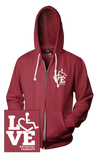 Cranberry hooded zip-up. Our trademarked International Symbol of Acceptance ("wheelchair heart symbol") is featured proudly on your item