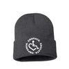 Dark grey knit beanie hat w/ cuff featuring our Circle of 3E Love embroidered with white threads!