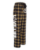 Black/gold flannel pajama pants that feature our trademarked International Symbol of Acceptance on the front left thigh and our "Love Life" slogan down the right pant leg.