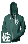 Forest green hooded zip-up. Our trademarked International Symbol of Acceptance ("wheelchair heart symbol") is featured proudly on your item