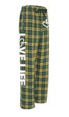 Green/gold flannel pajama pants that feature our trademarked International Symbol of Acceptance on the front left thigh and our "Love Life" slogan down the right pant leg.