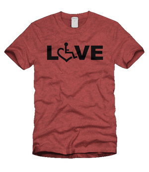 Heather Cardinal LOVE Tee. Tell everyone that you embrace and love life. Spread the conversation of social acceptance of disability with this t-shirt. Our trademarked International Symbol of Acceptance ("wheelchair heart symbol") replaces the O in the word LOVE boldly displayed on your chest.