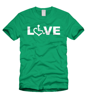 Green LOVE Tee. Tell everyone that you embrace and love life. Spread the conversation of social acceptance of disability with this t-shirt. Our trademarked International Symbol of Acceptance ("wheelchair heart symbol") replaces the O in the word LOVE boldly displayed on your chest.