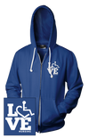 Lapis blue hooded zip-up. Our trademarked International Symbol of Acceptance ("wheelchair heart symbol") is featured proudly on your item