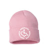 Pink knit beanie hat w/ cuff featuring our Circle of 3E Love embroidered with white threads!