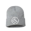 Light heather grey knit beanie hat w/ cuff featuring our Circle of 3E Love embroidered with white threads!