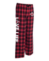 Red flannel pajama pants that feature our trademarked International Symbol of Acceptance on the front left thigh and our "Love Life" slogan down the right pant leg.