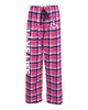 Pink flannel pajama pants that feature our trademarked International Symbol of Acceptance on the front left thigh and our "Love Life" slogan down the right pant leg.