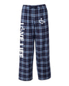 Navy blue flannel pajama pants that feature our trademarked International Symbol of Acceptance on the front left thigh and our "Love Life" slogan down the right pant leg.
