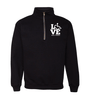 Black quarter zip. Our trademarked International Symbol of Acceptance ("wheelchair heart symbol") replaces the "O" in the word "LOVE" in the phrase "LOVE Music Therapy."
