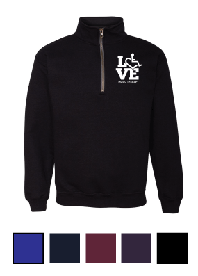 Tell everyone how proud you are to embrace and love life. Spread the conversation of social acceptance of disability with this quarter zip. Our trademarked International Symbol of Acceptance ("wheelchair heart symbol") replaces the "O" in the word "LOVE" in the phrase "LOVE Music Therapy."