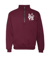 Maroon quarter zip. Our trademarked International Symbol of Acceptance ("wheelchair heart symbol") replaces the "O" in the word "LOVE" in the phrase "LOVE Music Therapy."