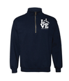 Navy quarter zip. Our trademarked International Symbol of Acceptance ("wheelchair heart symbol") replaces the "O" in the word "LOVE" in the phrase "LOVE Music Therapy."