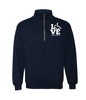 Navy quarter zip. Our trademarked International Symbol of Acceptance ("wheelchair heart symbol") replaces the "O" in the word "LOVE" in the phrase "LOVE Music Therapy."