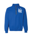Royal blue quarter zip. Our trademarked International Symbol of Acceptance ("wheelchair heart symbol") replaces the "O" in the word "LOVE" in the phrase "LOVE Music Therapy."