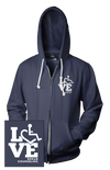 Navy hooded zip-up. Our trademarked International Symbol of Acceptance ("wheelchair heart symbol") is featured proudly on your item