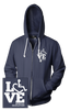 Navy hooded zip-up. Our trademarked International Symbol of Acceptance ("wheelchair heart symbol") is featured proudly on your item