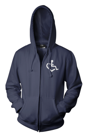 Navy Blue Heart Hooded Zip-Up. Tell everyone that you embrace and love life. Spread the conversation of social acceptance of disability with this hooded pullover!. Our trademarked International Symbol of Acceptance ("wheelchair heart symbol") boldly displayed over your heart.
