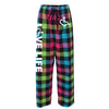 Neon plaid flannel pajama pants that feature our trademarked International Symbol of Acceptance on the front left thigh and our "Love Life" slogan down the right pant leg.