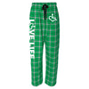 Kelly green flannel pajama pants that feature our trademarked International Symbol of Acceptance on the front left thigh and our "Love Life" slogan down the right pant leg.