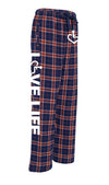 Orange/navy flannel pajama pants that feature our trademarked International Symbol of Acceptance on the front left thigh and our "Love Life" slogan down the right pant leg.