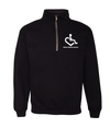 Black quarter zip. Our trademarked International Symbol of Acceptance ("wheelchair heart symbol") sits above our 3E's "Embrace, Educate, Empower"