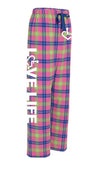 Popsicle flannel pajama pants that feature our trademarked International Symbol of Acceptance on the front left thigh and our "Love Life" slogan down the right pant leg.