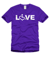 Purple LOVE Tee. Tell everyone that you embrace and love life. Spread the conversation of social acceptance of disability with this t-shirt. Our trademarked International Symbol of Acceptance ("wheelchair heart symbol") replaces the O in the word LOVE boldly displayed on your chest.