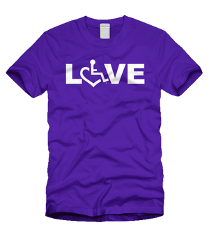 Purple LOVE Tee. Tell everyone that you embrace and love life. Spread the conversation of social acceptance of disability with this t-shirt. Our trademarked International Symbol of Acceptance ("wheelchair heart symbol") replaces the O in the word LOVE boldly displayed on your chest.