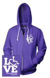 Purple hooded zip-up. Our trademarked International Symbol of Acceptance ("wheelchair heart symbol") is featured proudly on your item