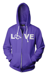 Purple LOVE Hooded Zip-Up. Tell everyone that you embrace and love life. Spread the conversation of social acceptance of disability with this hooded zip-up. Our trademarked International Symbol of Acceptance ("wheelchair heart symbol") replaces the O in the word LOVE boldly displayed on your chest.