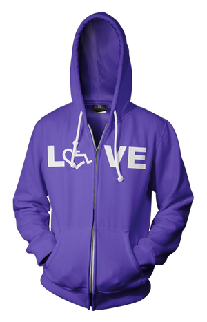 Purple LOVE Hooded Zip-Up. Tell everyone that you embrace and love life. Spread the conversation of social acceptance of disability with this hooded zip-up. Our trademarked International Symbol of Acceptance ("wheelchair heart symbol") replaces the O in the word LOVE boldly displayed on your chest.