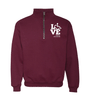 Maroon quarter zip. Our trademarked International Symbol of Acceptance ("wheelchair heart symbol") replaces the "O" in the word "LOVE" in the phrase "LOVE Special Education."