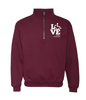 Maroon quarter zip. Our trademarked International Symbol of Acceptance ("wheelchair heart symbol") replaces the "O" in the word "LOVE" in the phrase "LOVE Speech Pathology."