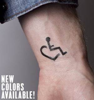Small Temporary Tattoos. Spread the love with our 1.5" x 1.5" temporary tattoos. They are the perfect size to place our International Symbol of Acceptance ("wheelchair heart symbol") as a temporary tattoo anywhere you want!