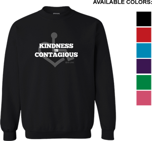 KINDNESS Crewneck Sweatshirt. Tell everyone how proud you are to embrace and love life. Spread the conversation of social acceptance of disability with this pullover sweatshirt. Our trademarked International Symbol of Acceptance ("wheelchair heart symbol") sits behind the phrase Kindness is Contagious boldly displayed on your chest.