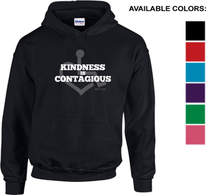 KINDNESS Hooded Pullover. Tell everyone how proud you are to embrace and love life. Spread the conversation of social acceptance of disability with this hooded pullover. Our trademarked International Symbol of Acceptance ("wheelchair heart symbol") sits behind the phrase Kindness is Contagious boldly displayed on your chest.