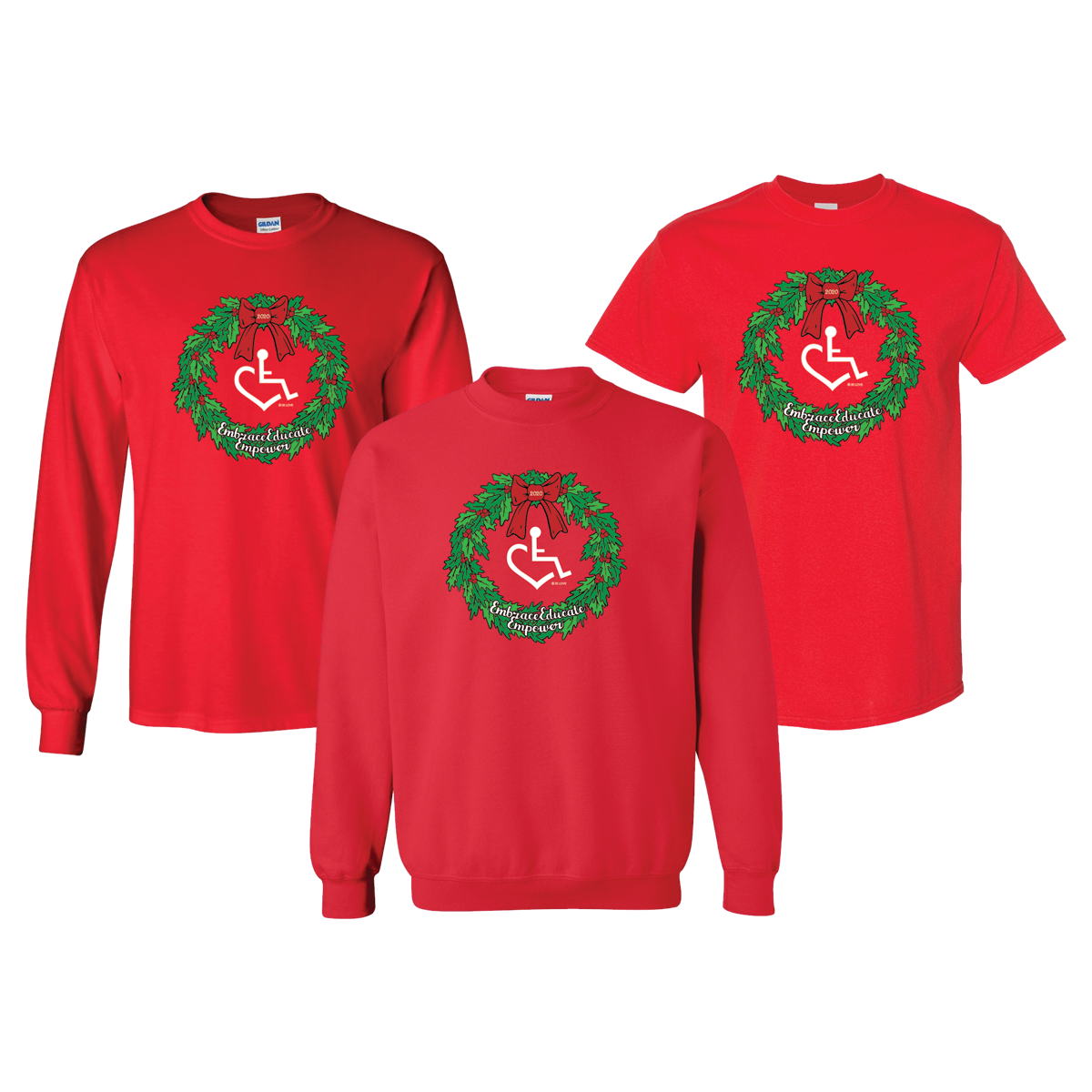 2020's limited edition holiday design features a merry and bright holiday wreath with the 3'Es and of course our wheelchair heart!