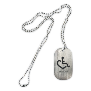 The stainless steel dog tag pendant on this necklace features an engraved image of our trademarked International Symbol of Acceptance (Wheelchair Heart) on the front, and our 3E's (Embrace. Educate. Empower.) on the back! 